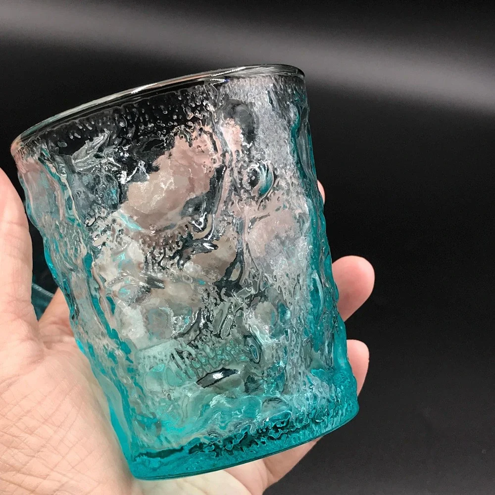Pair of Anchor Hocking Milano Aqua Blue Glass Flat‎ Tumblers Bark Texture 8 oz